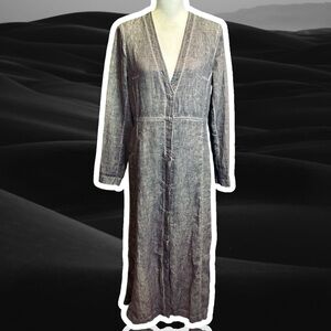 Peruvian Connection 100% Heavyweight Linen Button-Down Maxi Dress in Gray/Brown